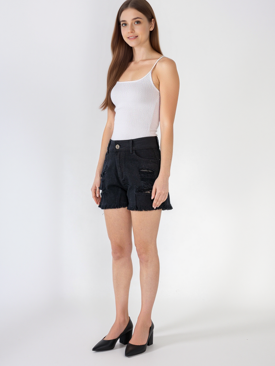 Short en jean noir effiloché et déchiré -NAUMY