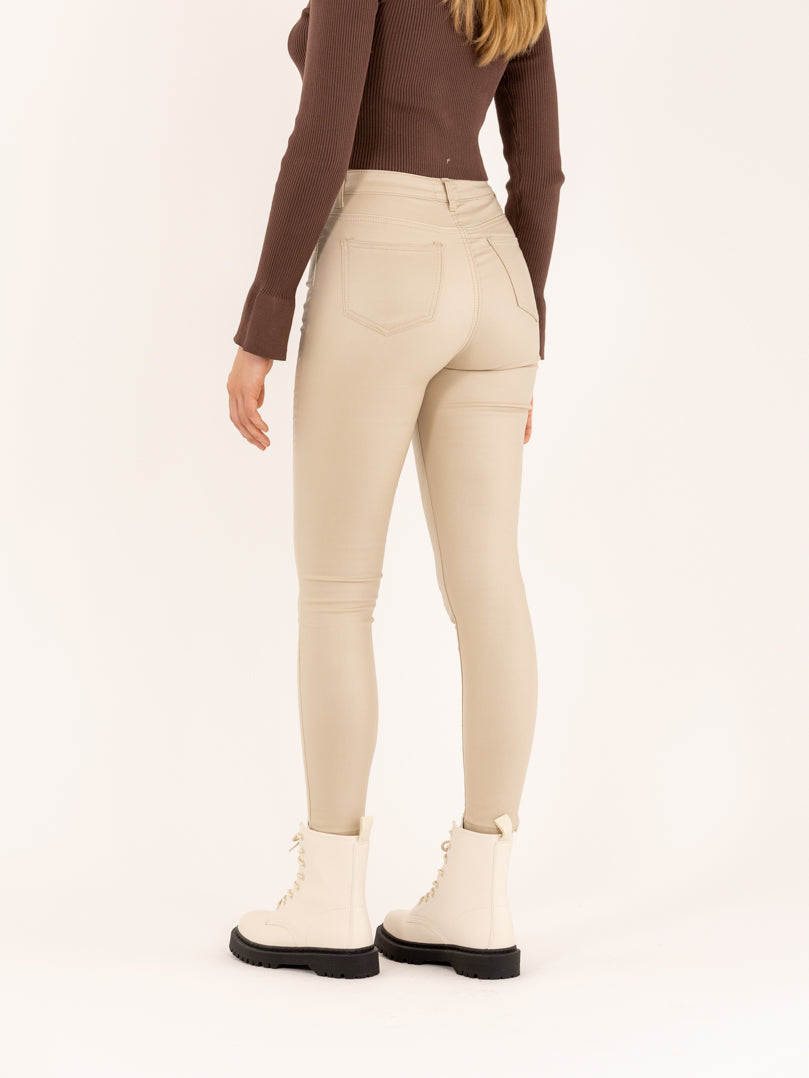Pantalon skinny beige taille haute à bouton effet cuir