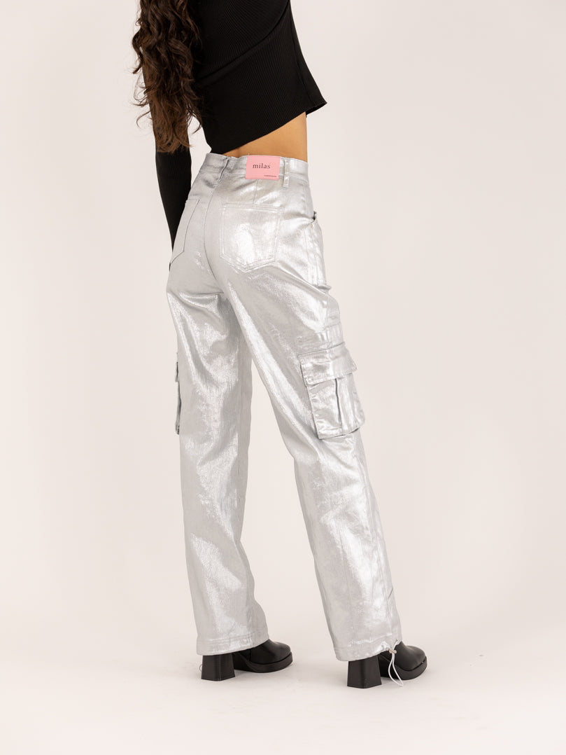 Pantalon cargo argenté métallisé poche à rabat