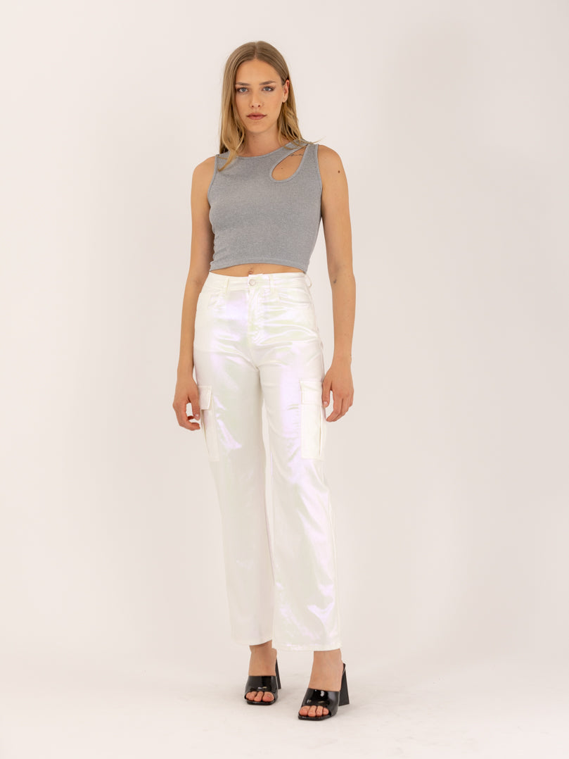 Pantalon cargo blanc métallisé