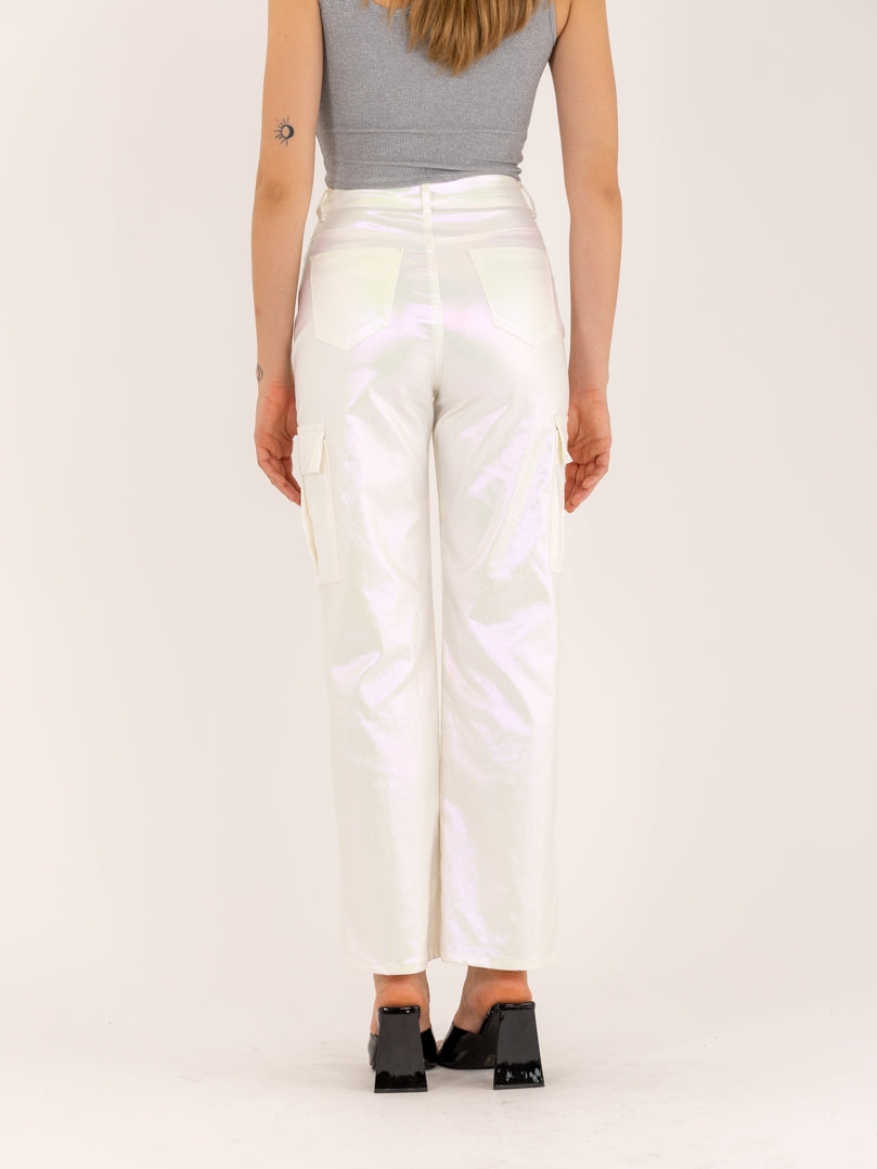 Pantalon cargo blanc métallisé