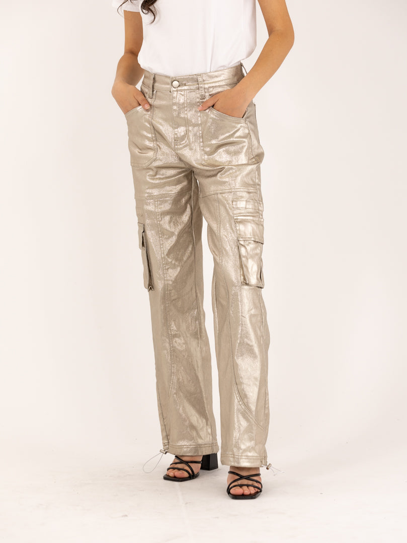 Pantalon cargo métallisé poche à rabat et cordon de serrage