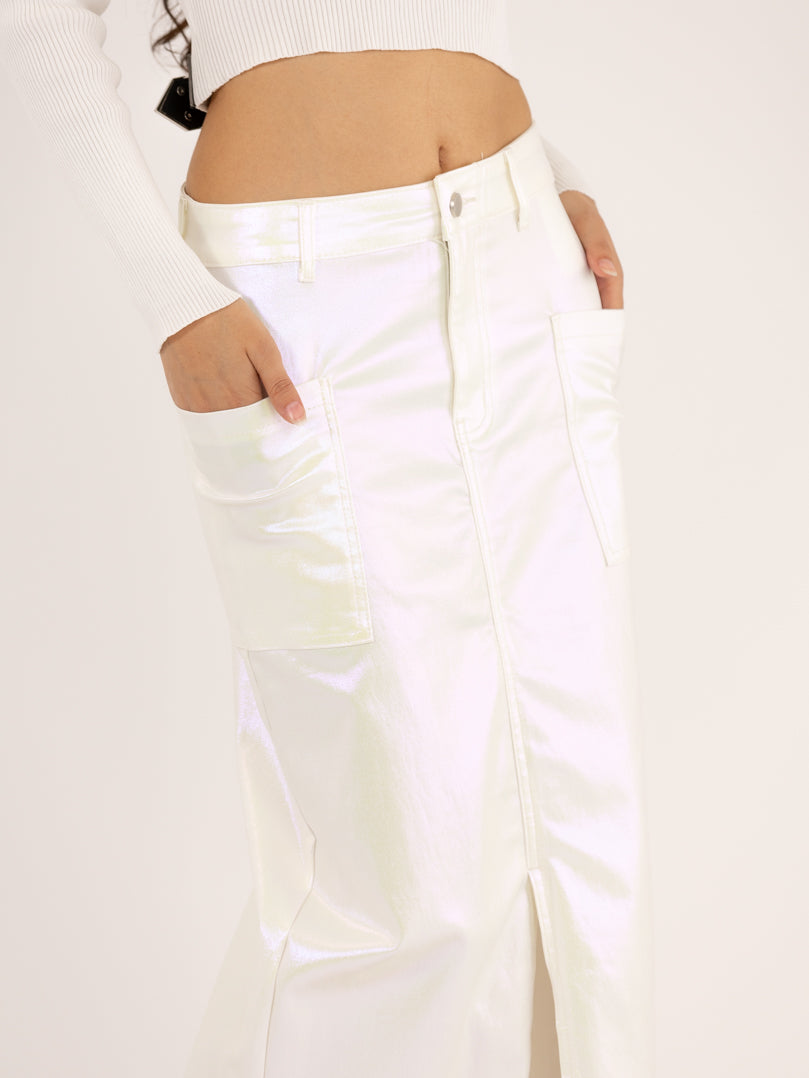 Jupe longue en jean blanc métallisé fendu devant