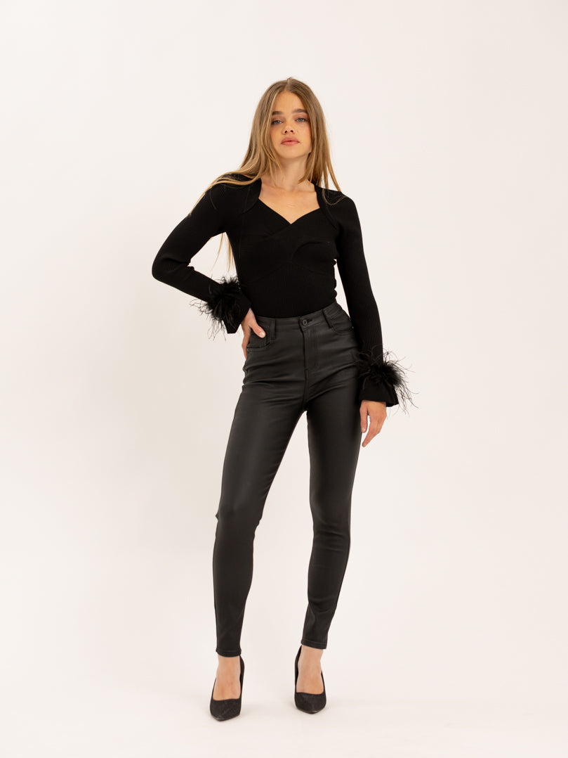 Pantalon skinny noir taille haute bouton effet cuir