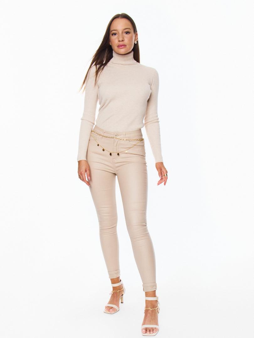 Pantalon skinny taille haute Toile enduite Camel