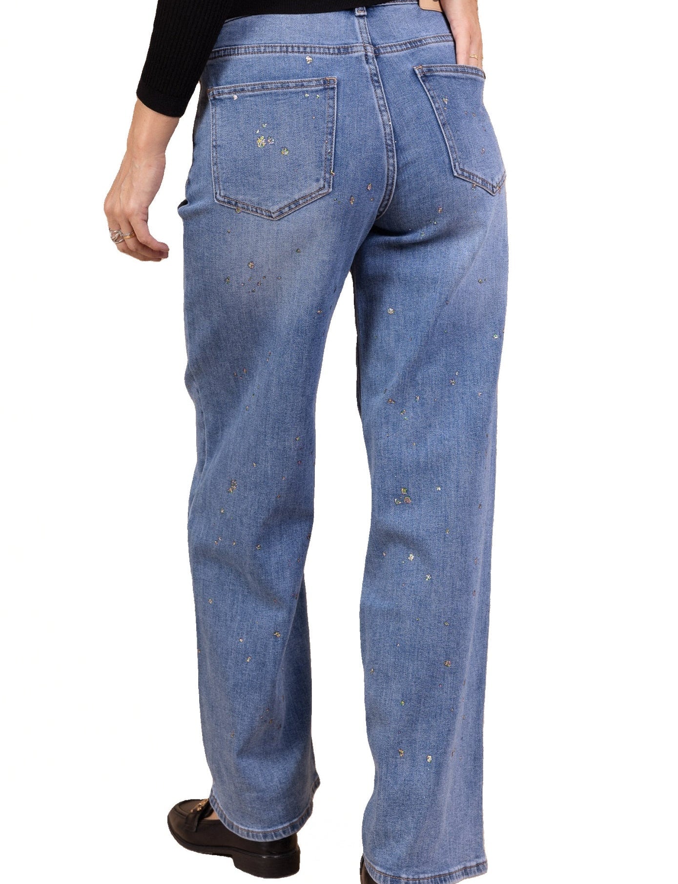 Jean Large Bleu ciel profond à Paillettes – Élégance Lumineuse & Confort Absolu NAUMY