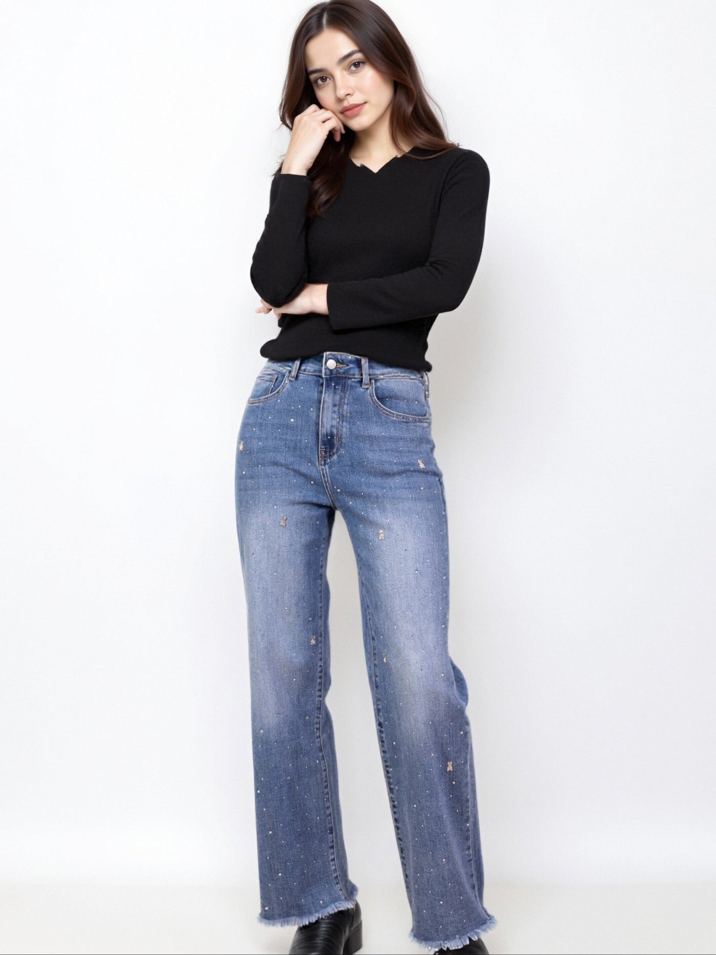 Jean Large Orné de Strass et Ourlet Effiloché - NAUMY