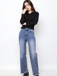 Jean Large Orné de Strass et Ourlet Effiloché - NAUMY