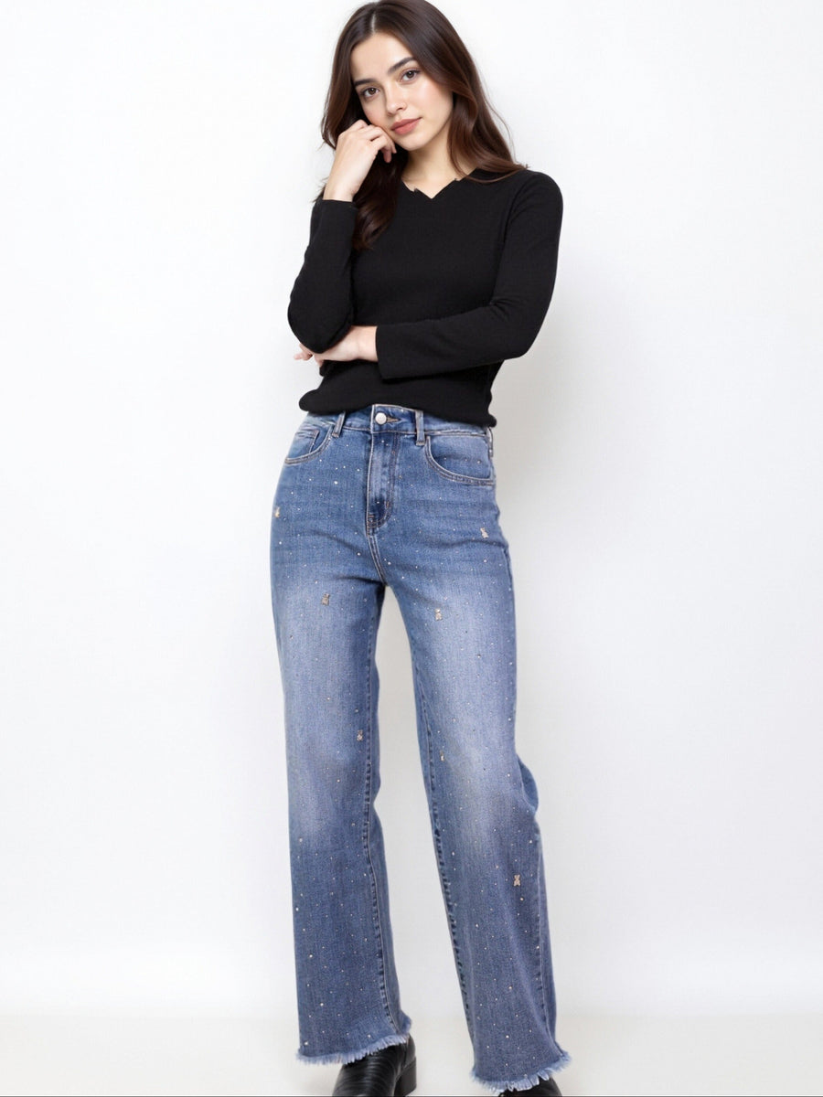 Jean Large Orné de Strass et Ourlet Effiloché - NAUMY