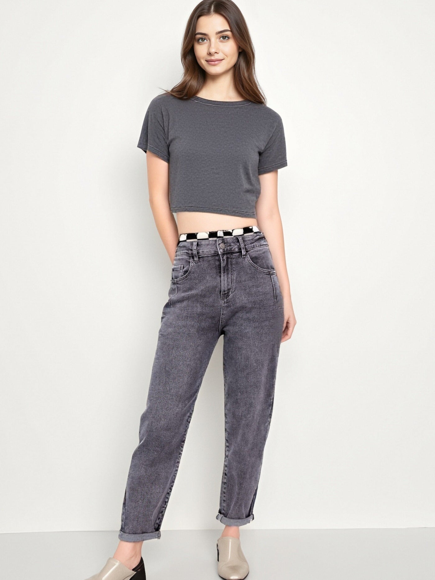 Jean Mom Gris Délavé à Taille Élastique L’Allié Casual Chic - NAUMY