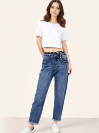 Jean Mom Denim avec Taille Élastique à Bande Logo - NAUMY