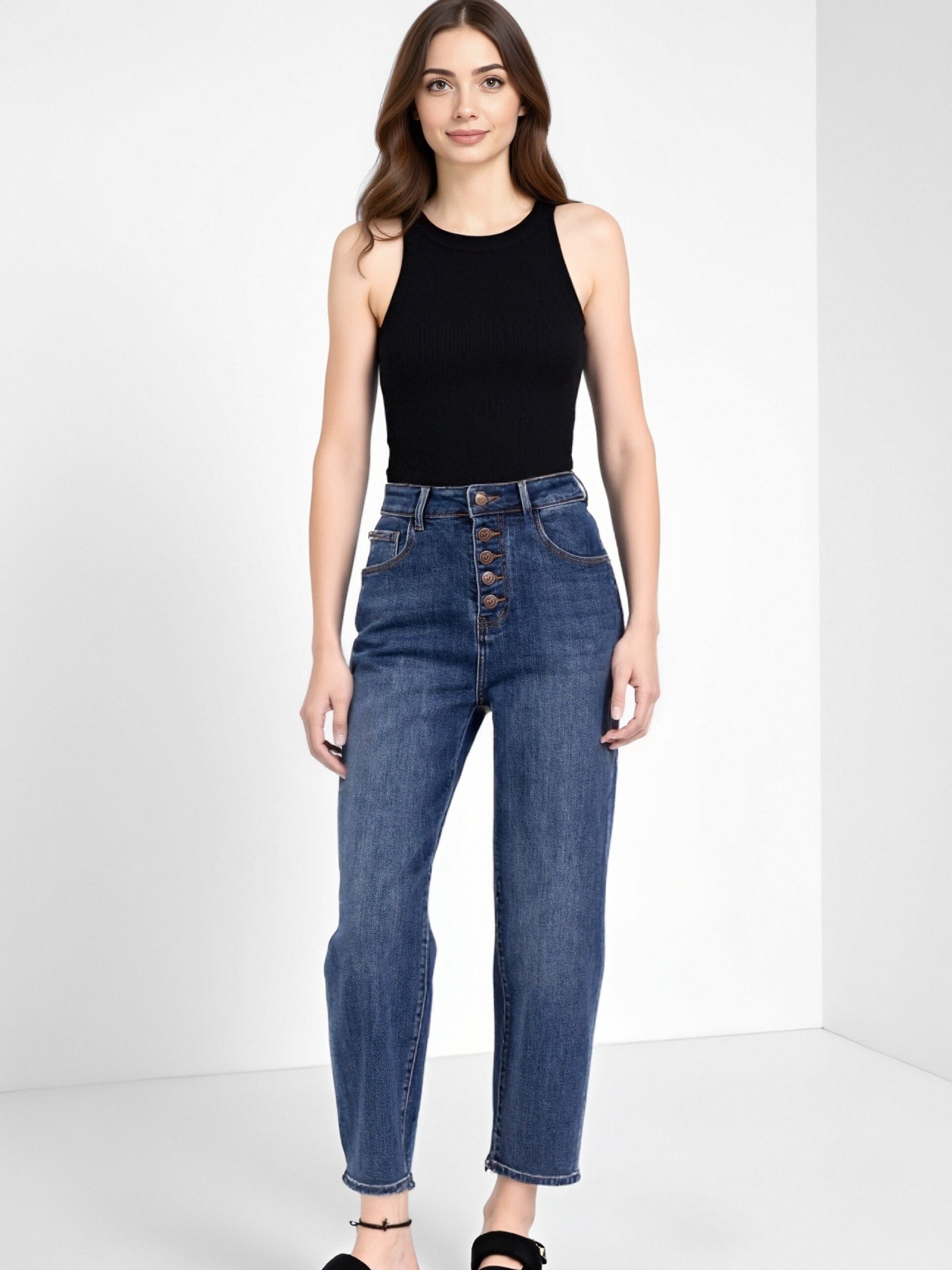Jean Mom Boutonné – Bleu Casual & Élégant - NAUMY
