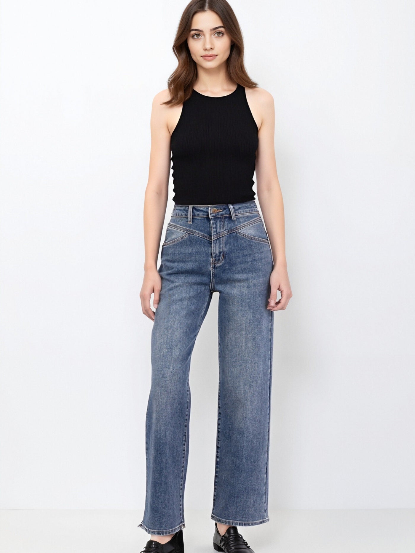 Jean Large Taille Haute BLEU RÉTRO – "Audace Bohème"  Casual et Élégant - NAUMY