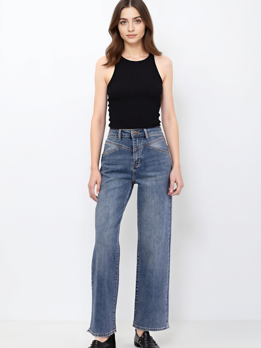 Jean Large Taille Haute BLEU RÉTRO – "Audace Bohème"  Casual et Élégant - NAUMY