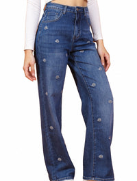 Jean Large Brodé Petit Rose – Élégance Décontractée - NAUMY