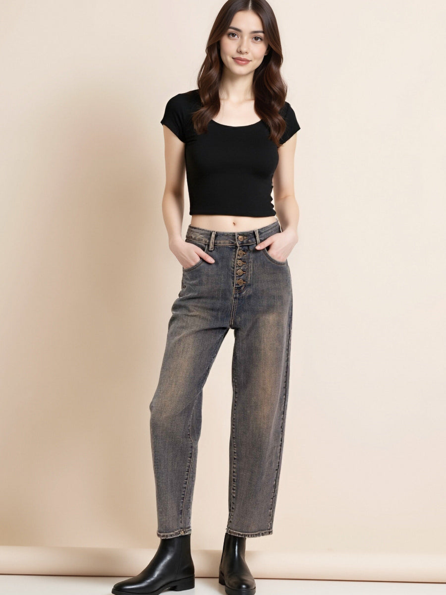 Jean Mom Boutonné – Bleu Vintage Patiné  Casual & Élégant - NAUMY