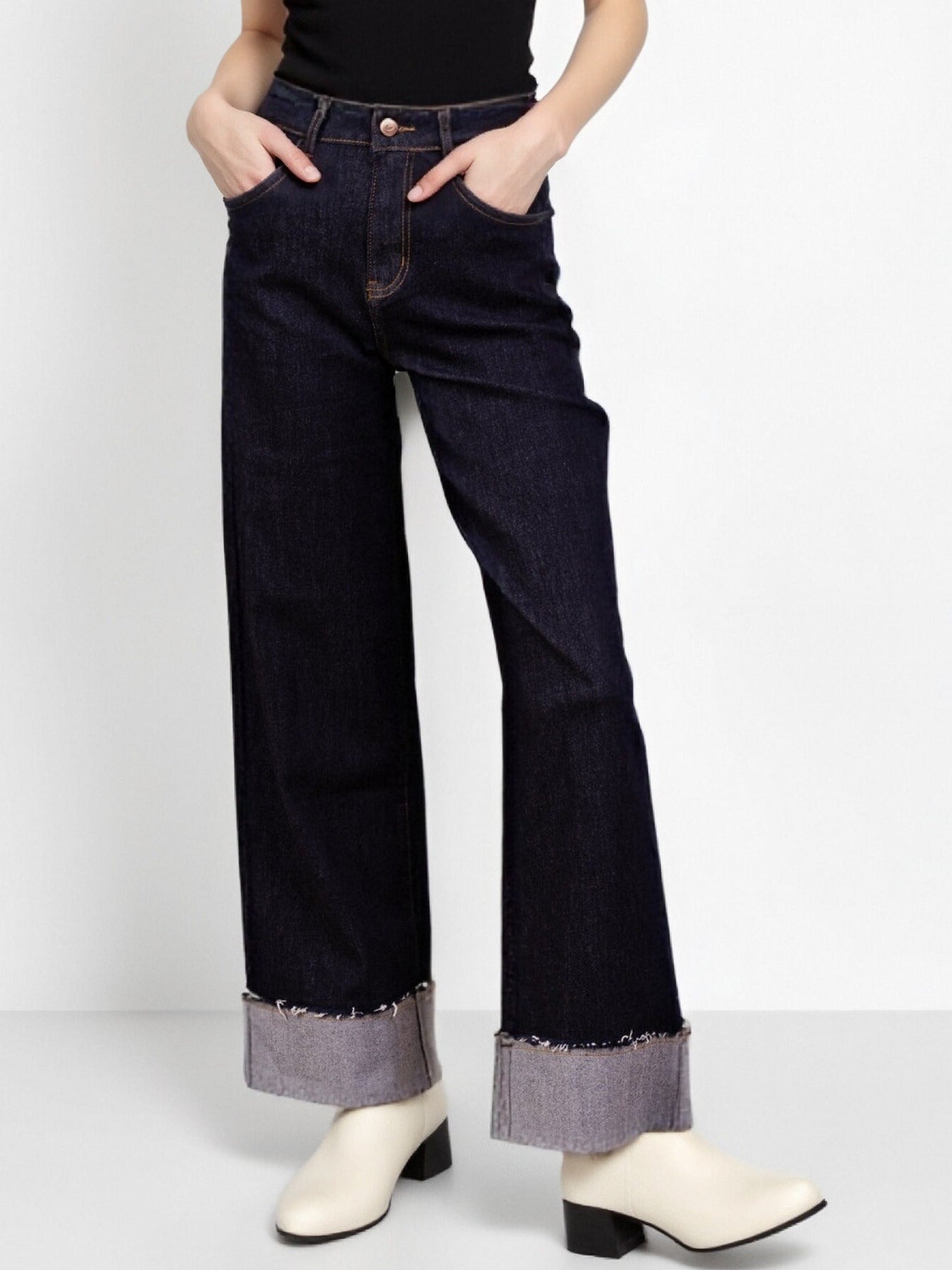 Jean large à revers en denim brut -NAUMY