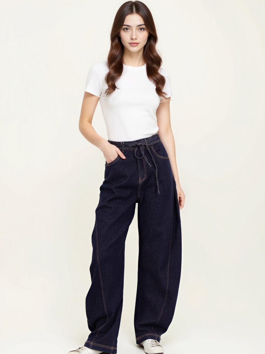 Jean Loose Femme – Taille Élastique & Lien à Nouer – Denim Brut - NAUMY