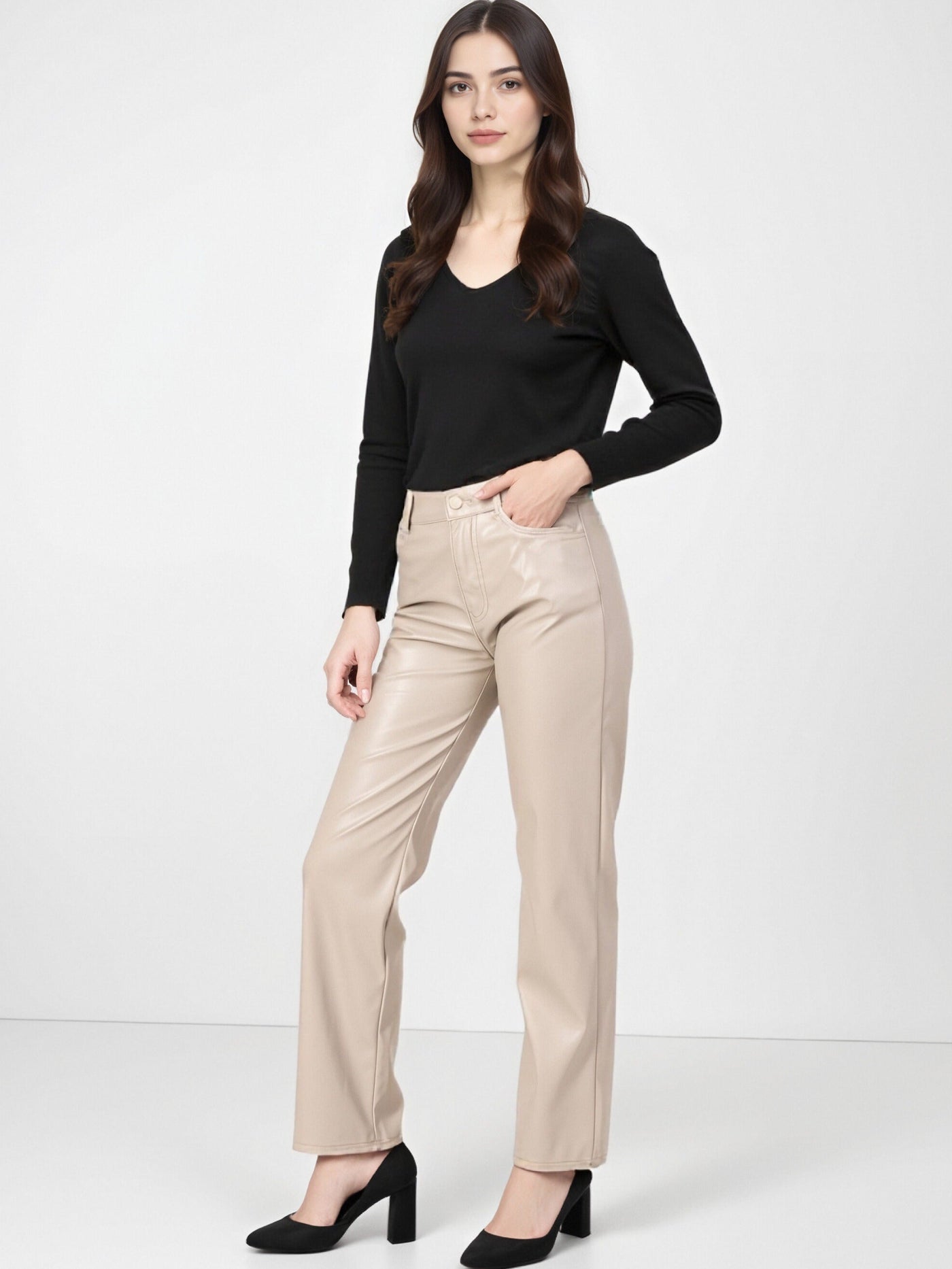 Pantalon Droit en Simili Cuir Brillant - NAUMY