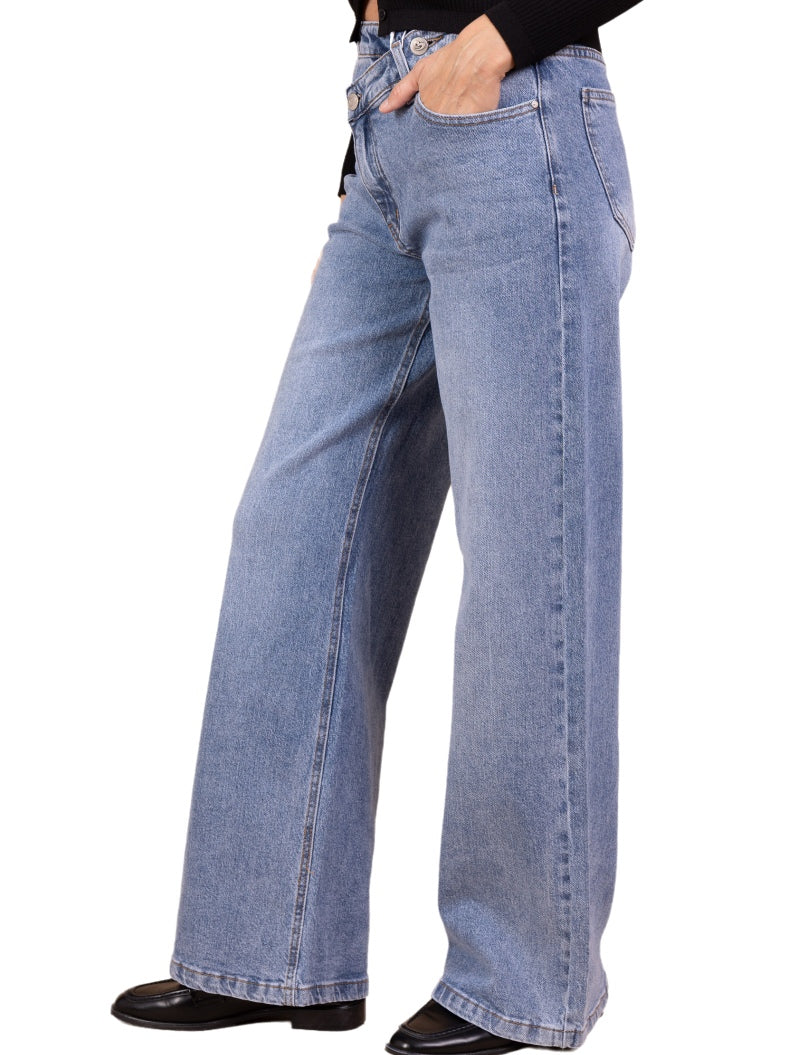 Jean Large Minimaliste en Denim de Coton – Fermeture Biais Asymétrique Chic - NAUMY