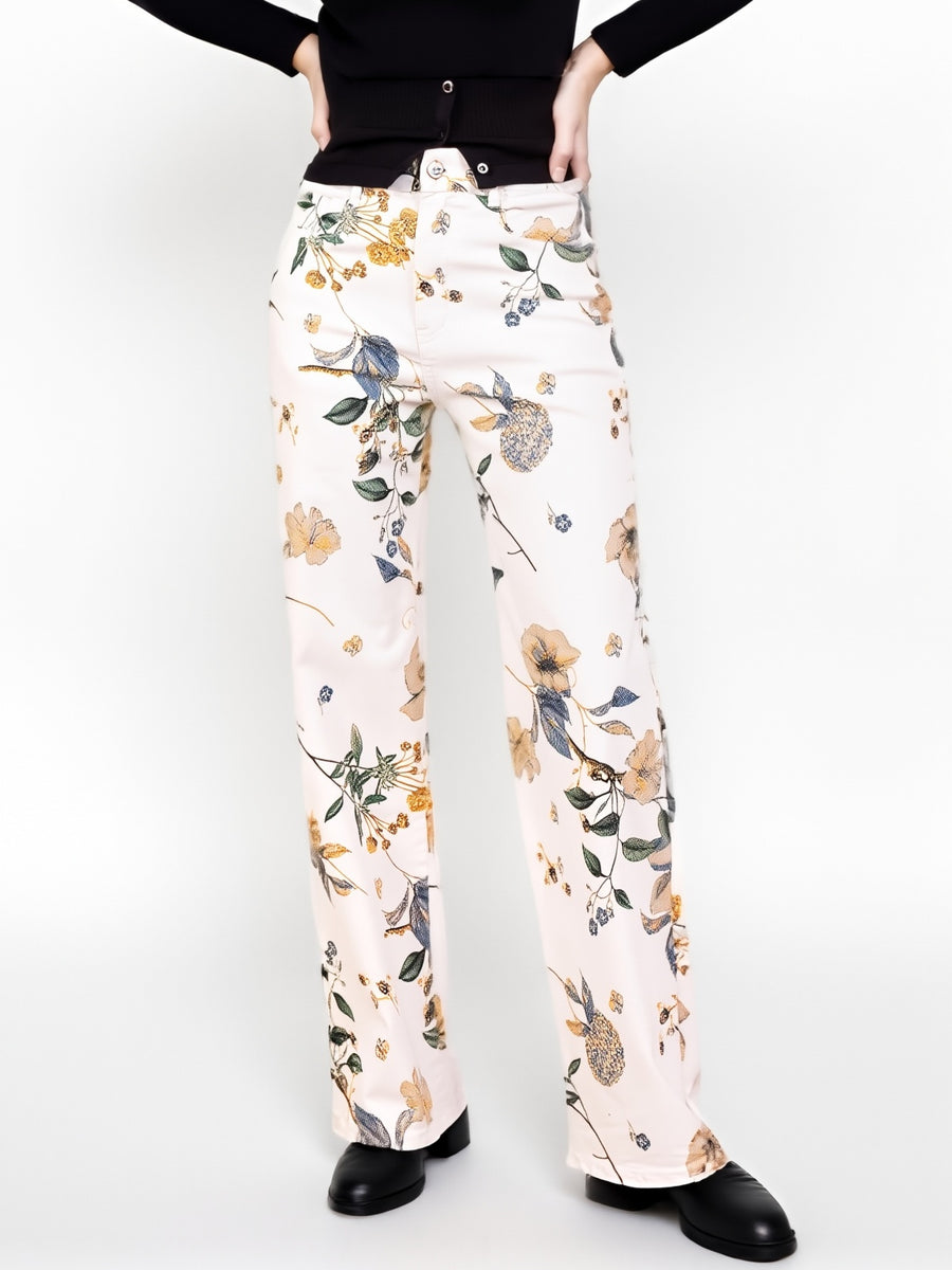 Jean large crème à imprimé floral – Élégance naturelle et allure bohème - NAUMY