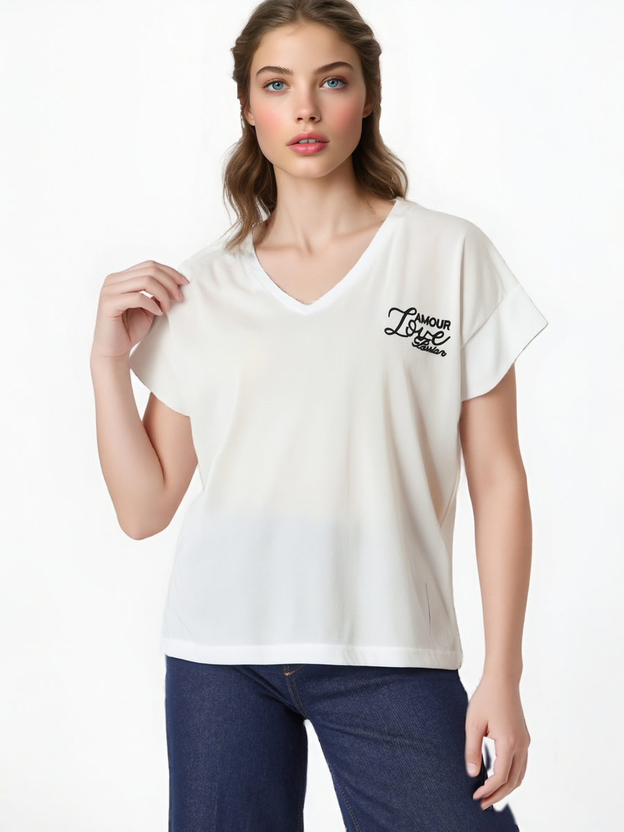 T-shirt col V en cotton à message «Amour Love Passion» - NAUMY