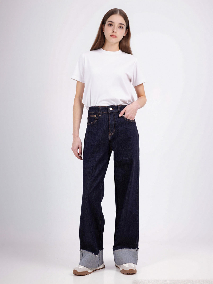 Jean large à revers en denim brut - NAUMY