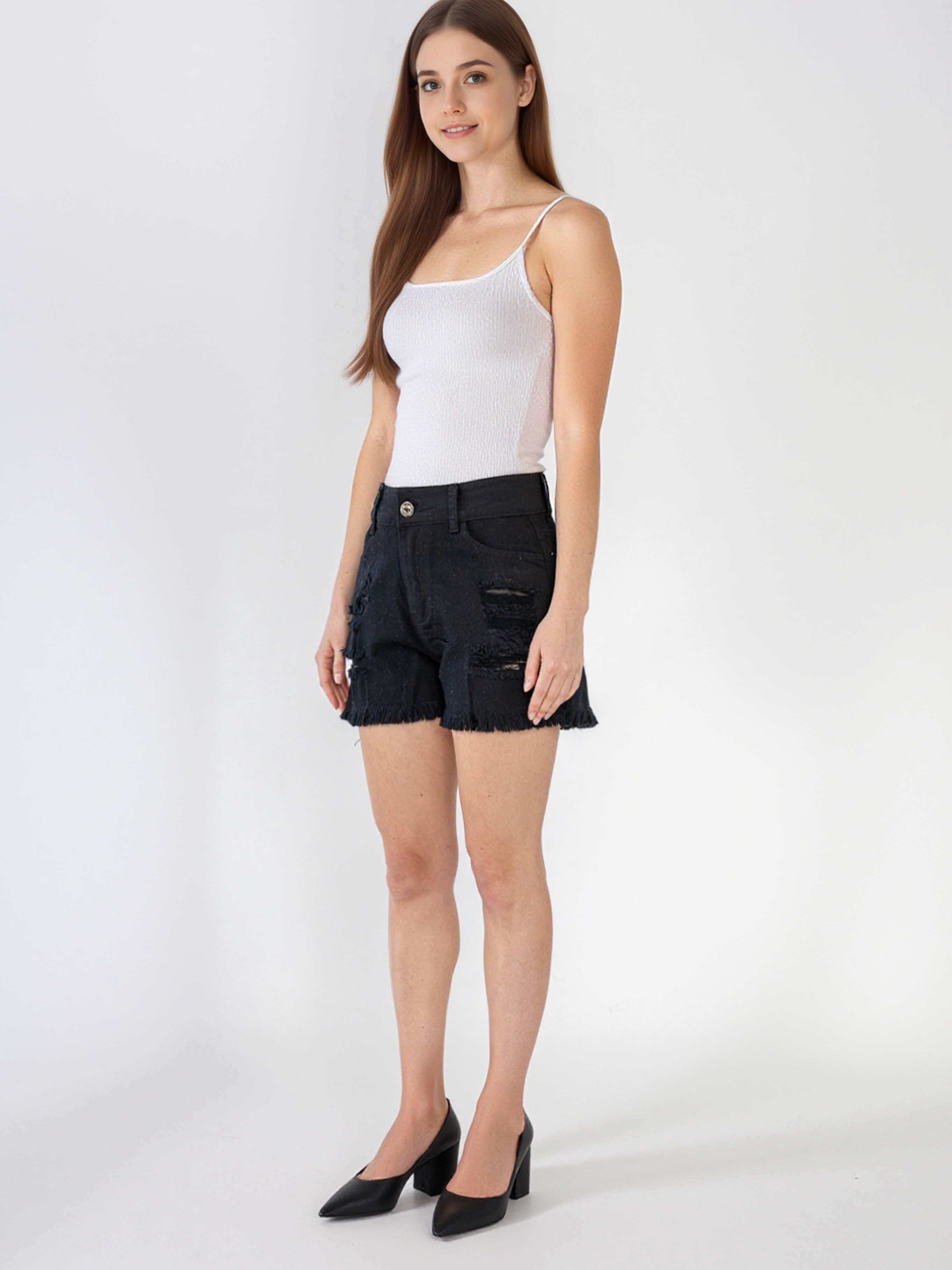 Short en jean noir effiloché et déchiré -NAUMY