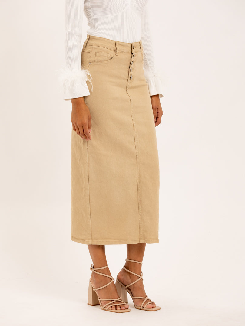 Jupe midi en jean beige fendue derrière