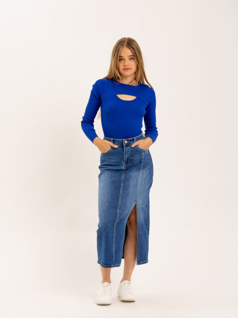 Jupe midi fendue en jean bleu délavé