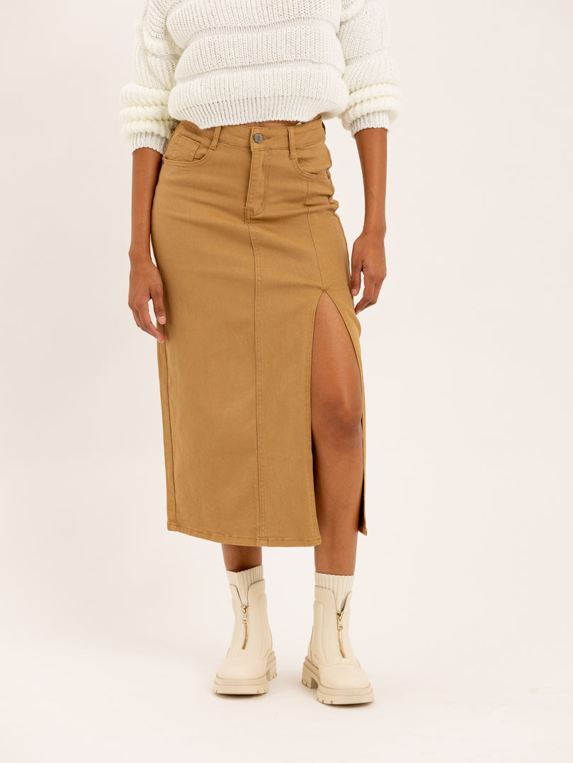 Jupe midi fendue en jean moutarde