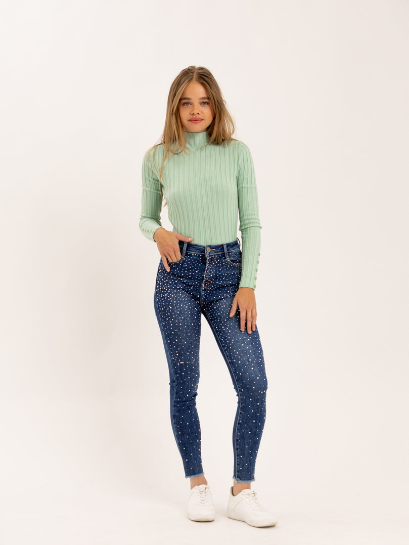 Jean skinny bleu broderie de cristaux