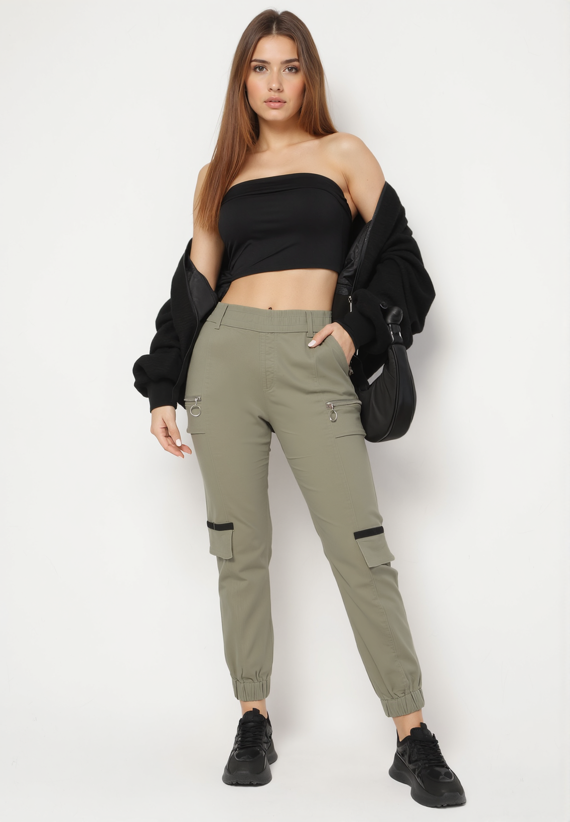 Pantalon de cargo kaki en coton avec taille élastique - Naumy