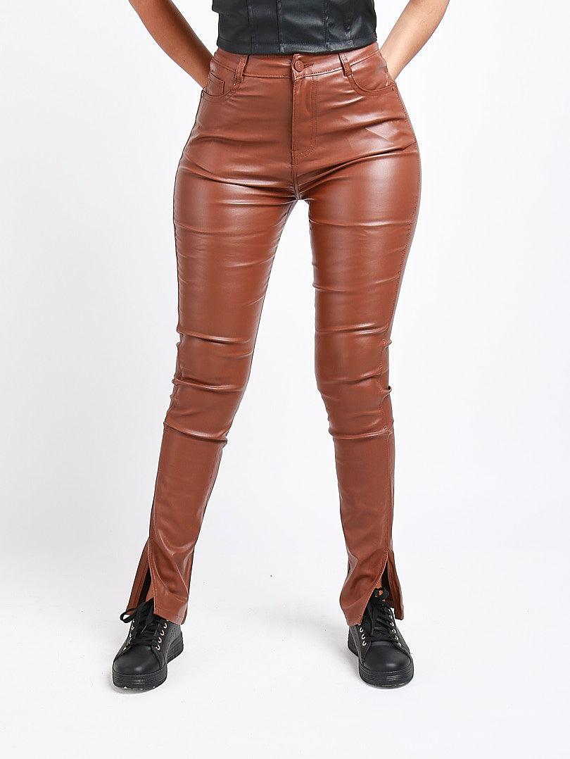 Pantalon Droit Pantalon Cuir Fente Pantalon Simili Cuir Marron à