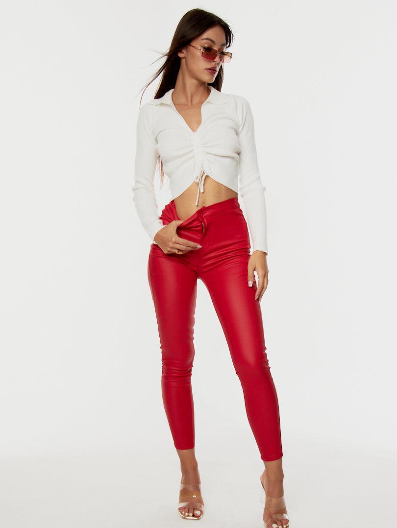 Pantalon skinny taille haute Toile enduite Rouge