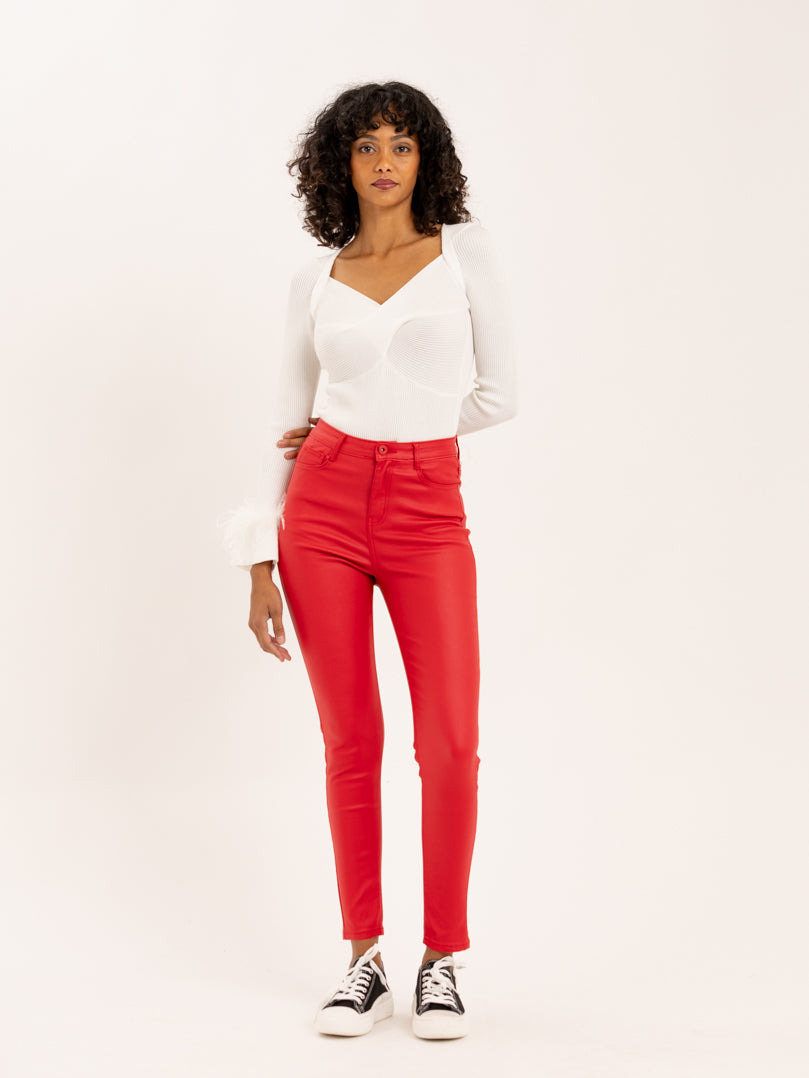 Pantalon skinny rouge effet cuir mate