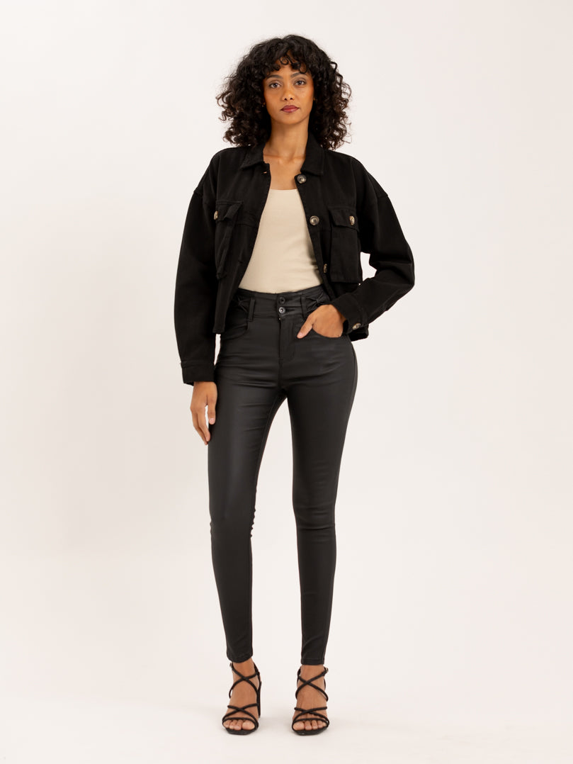 Pantalon skinny effet cuir double rangeé de boutons