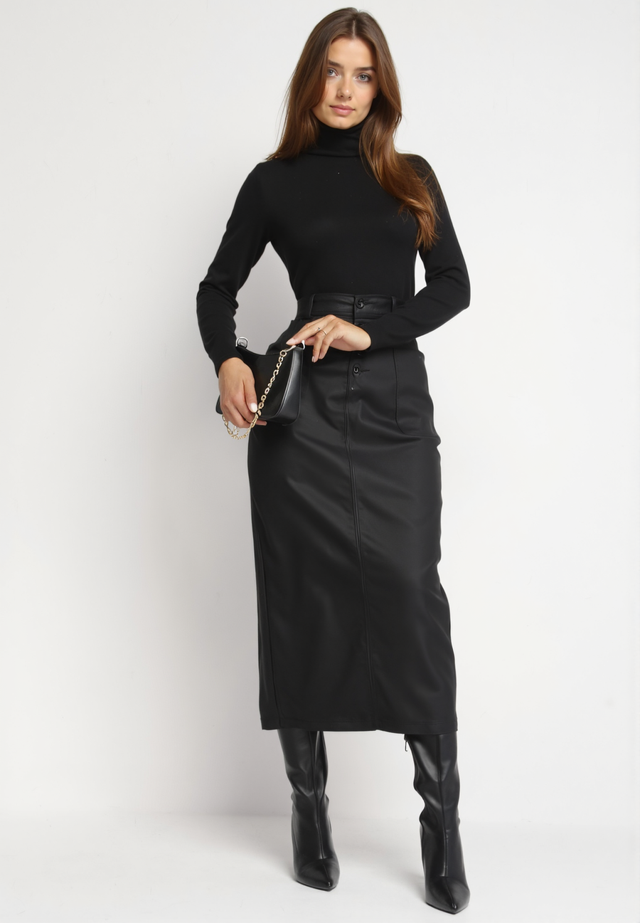 Jupe crayon midi en similicuir noire - Naumy