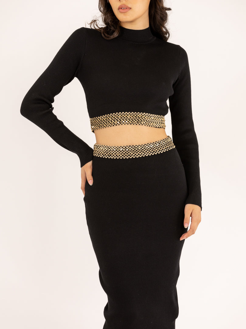 Ensemble crop top et jupe moulant en maille