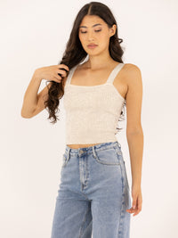 Crop top col carré orné cristaux fantaisie