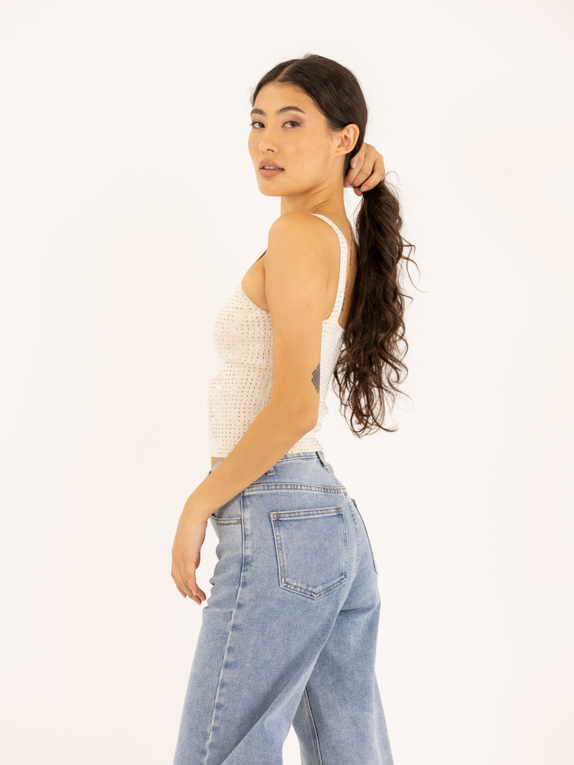 Crop top col carré orné cristaux fantaisie