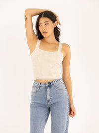 Crop top col carré orné cristaux fantaisie