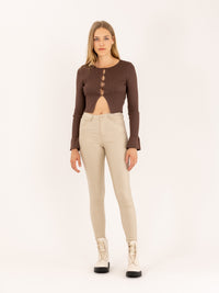 Pantalon skinny beige taille haute à bouton effet cuir