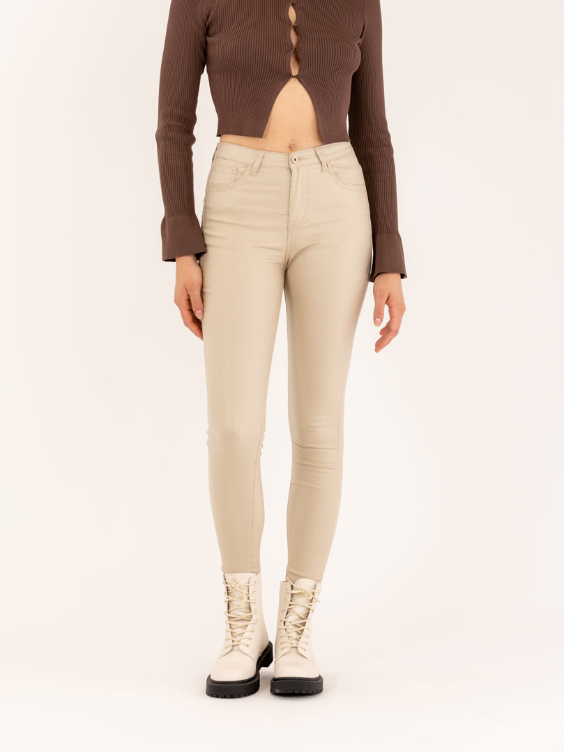 Pantalon skinny beige taille haute à bouton effet cuir