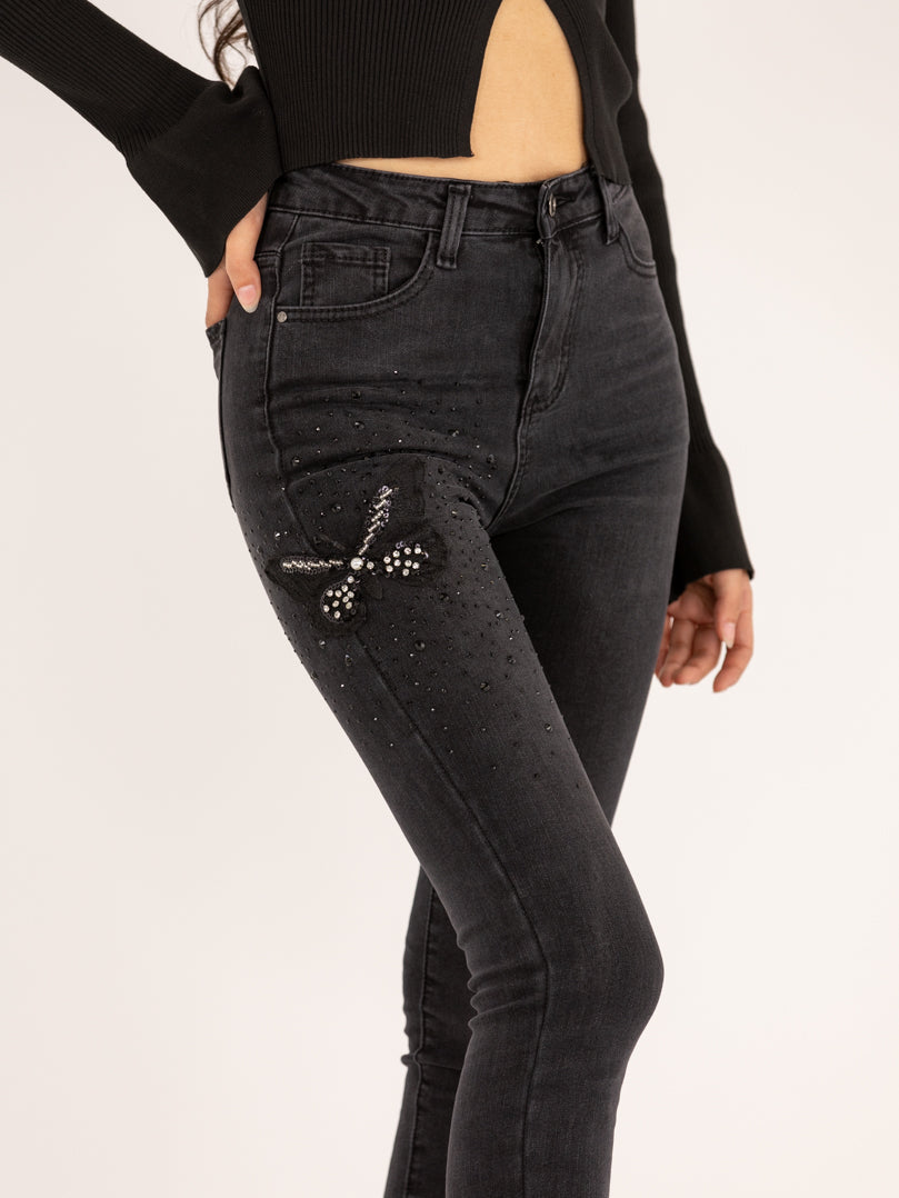 Jean skinny broderie de nœud en papillon