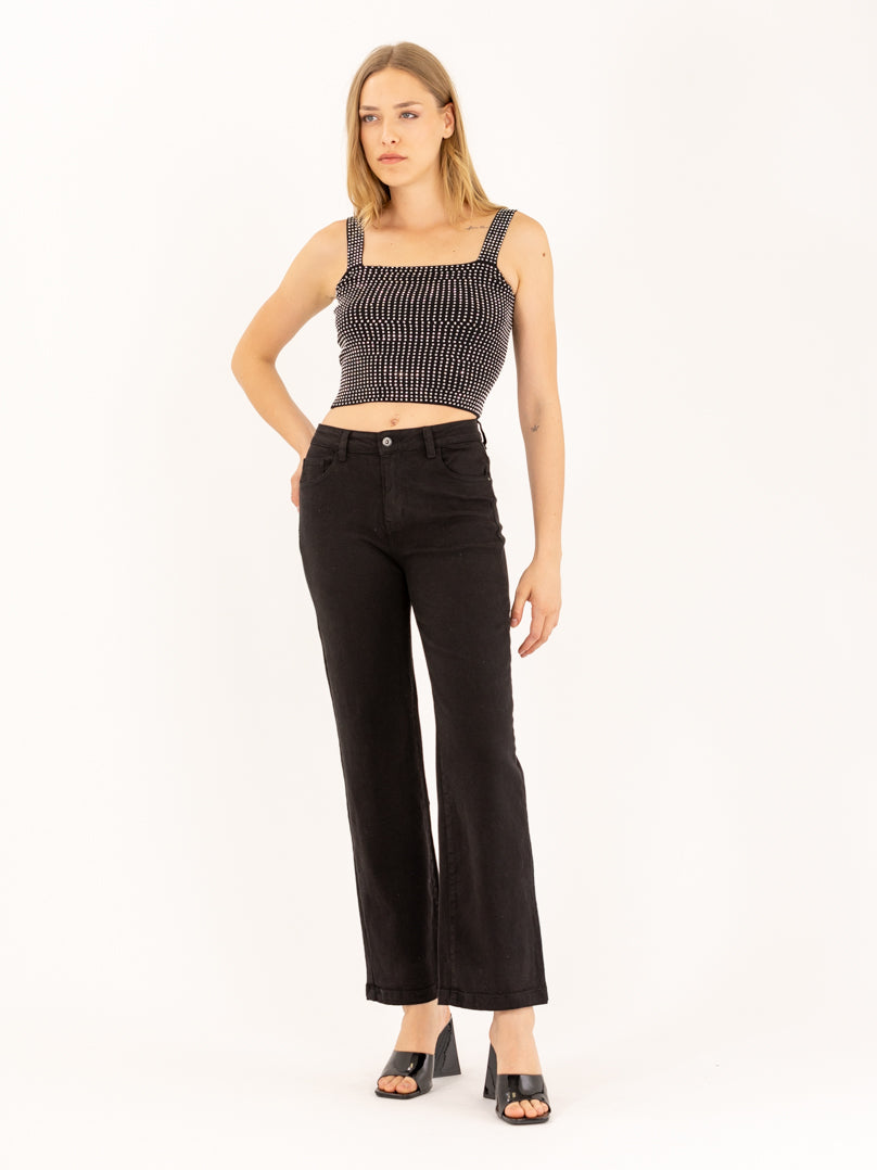 Crop top col carré orné cristaux fantaisie