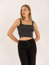 Crop top col carré orné cristaux fantaisie