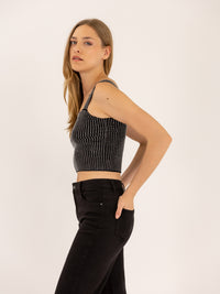 Crop top col carré orné cristaux fantaisie