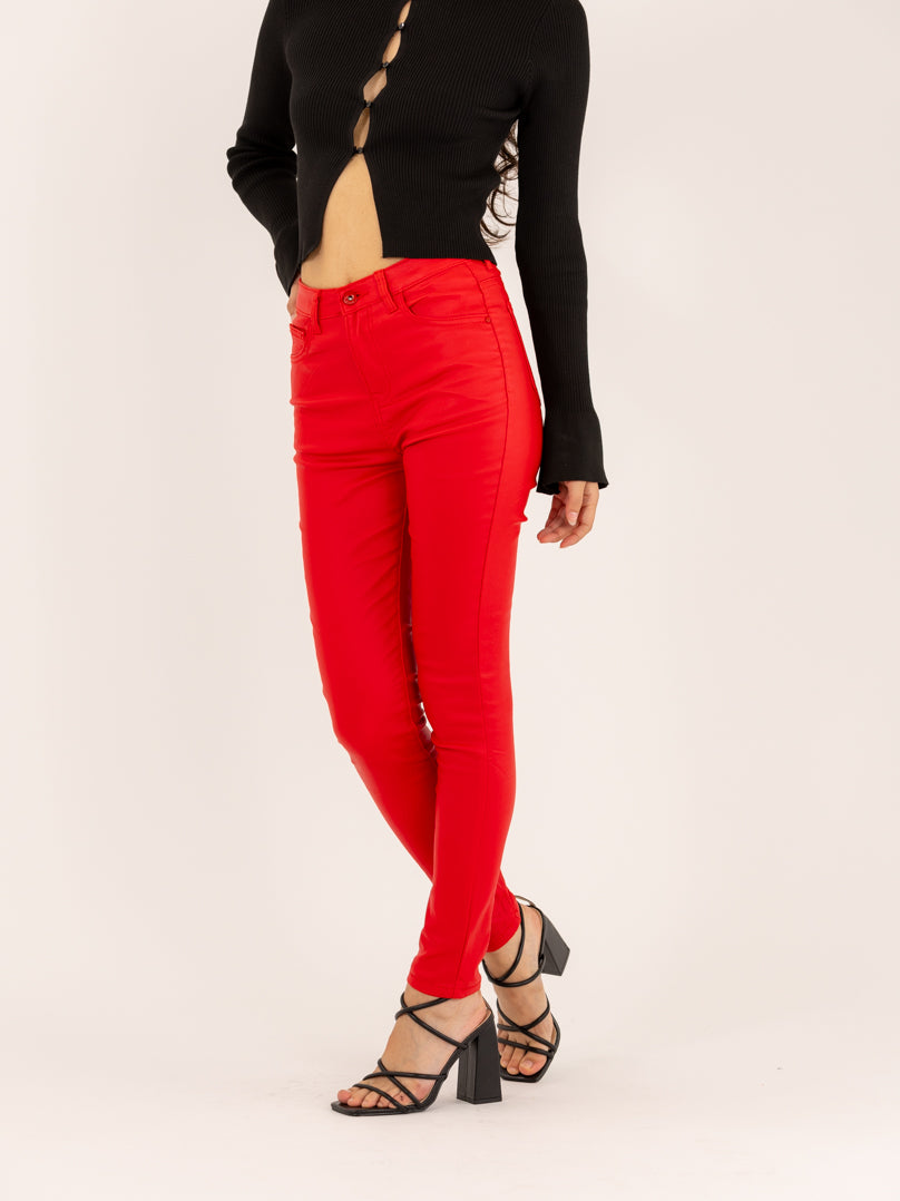 Pantalon skinny rouge taille haute à bouton effet cuir