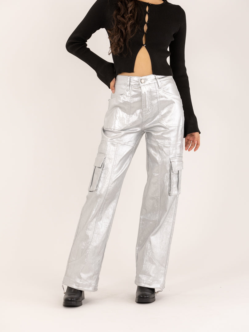 Pantalon cargo argenté métallisé poche à rabat